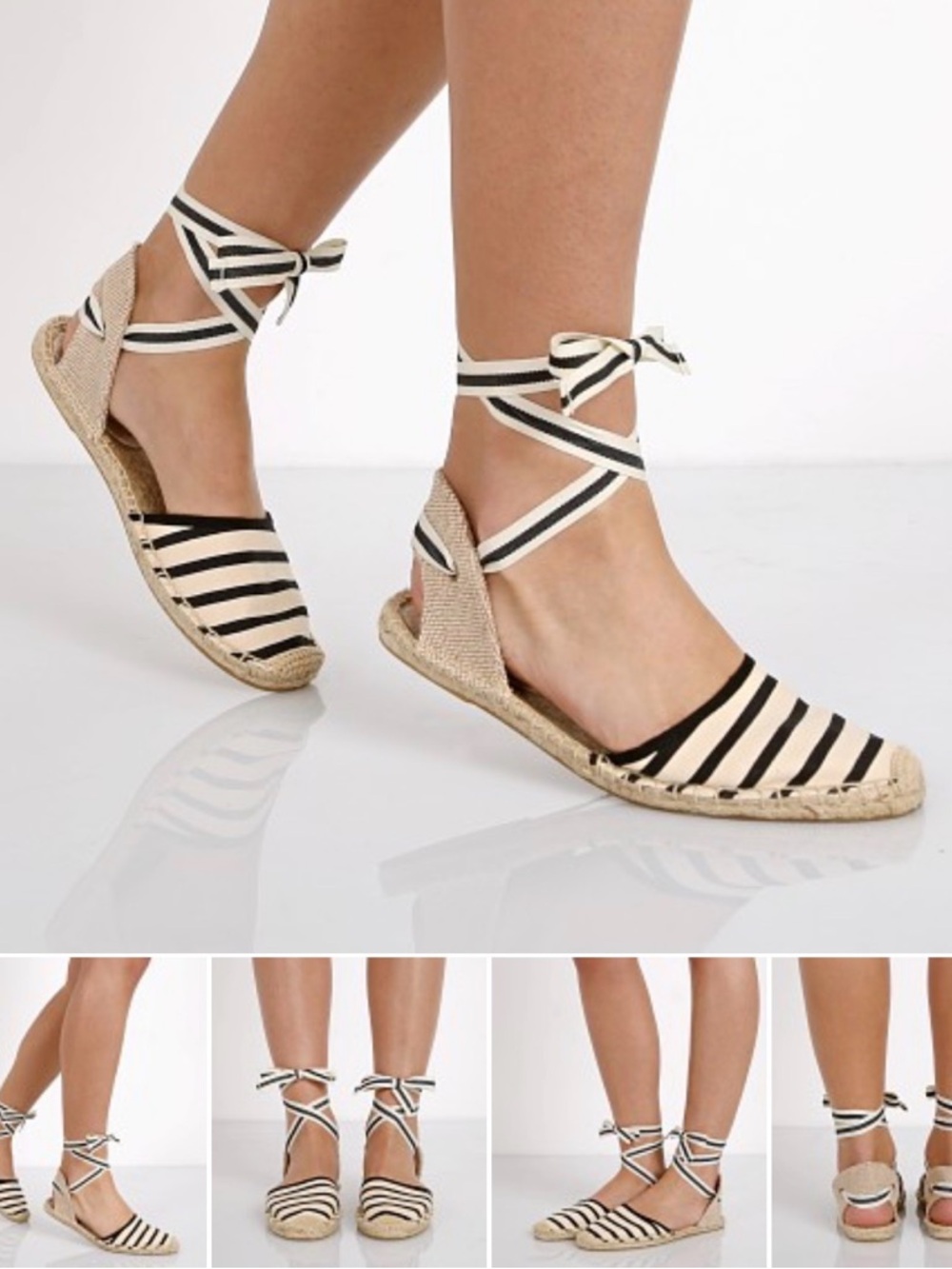SOLUDOS Striped Ankle-Tie Espadrille Flats - Black & Cream